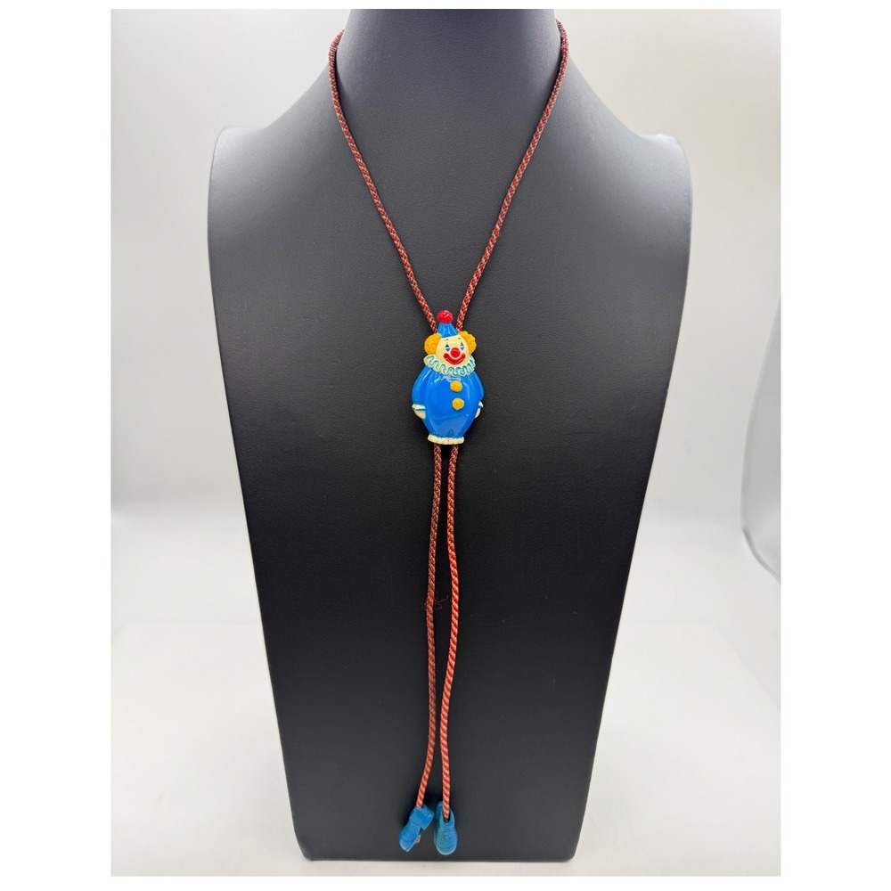 80s Vintage Avon Clown Bolo Tie Blue Red Yellow Plastic Figural Circus Novelty